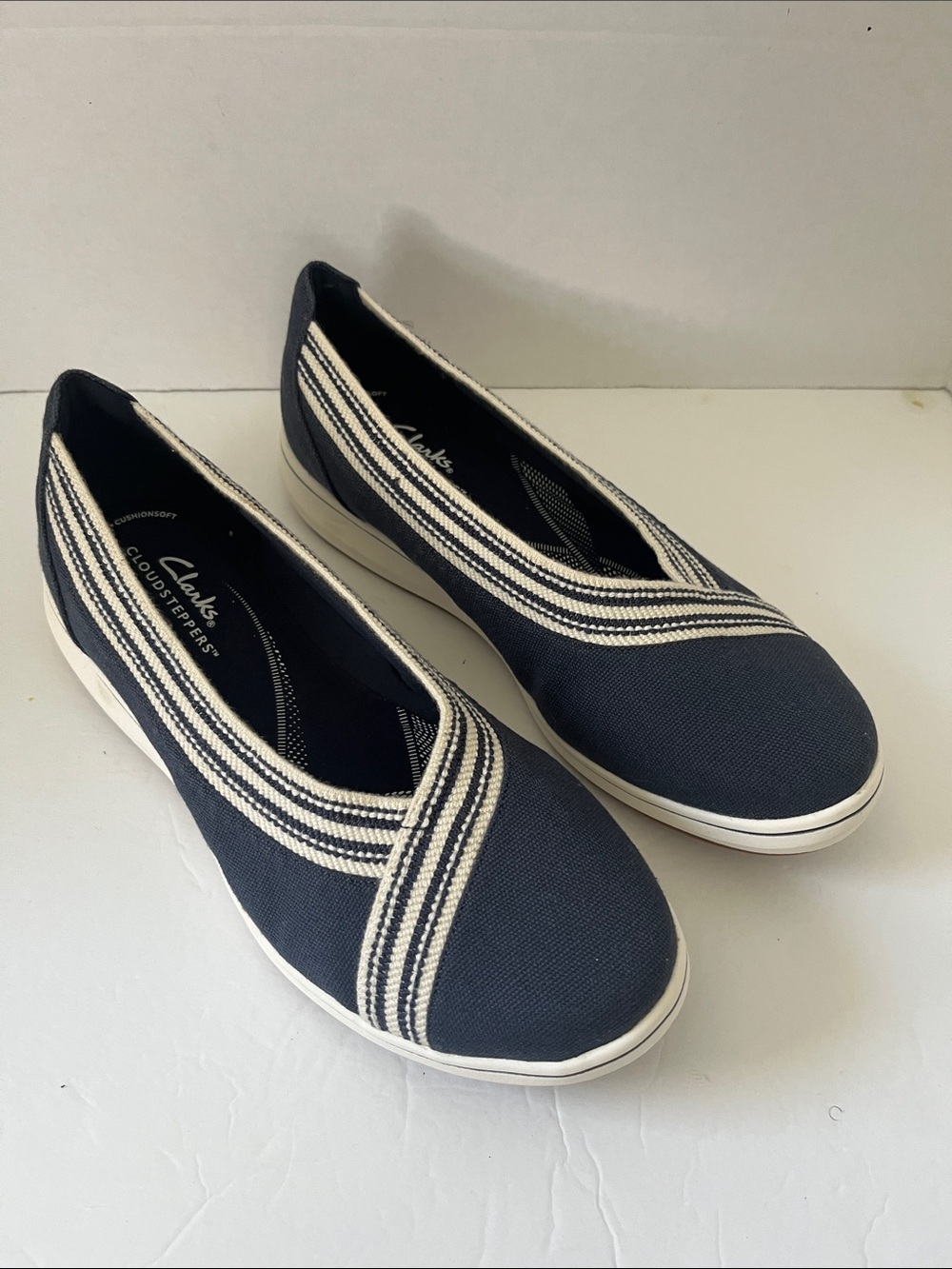 Clarks Navy Canvas Wide  Slip-On Flats with White Stripe Trim